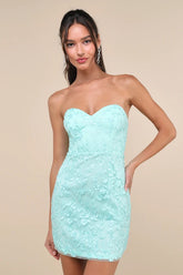 Exquisite Sensation Teal Floral Embroidered Strapless Mini Dress Lulus